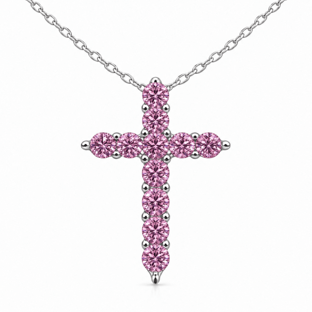 Sidabrinis kryželis su grandinėle ir rožiniais moisanitais „Gloria Pink“ - MONOREE
